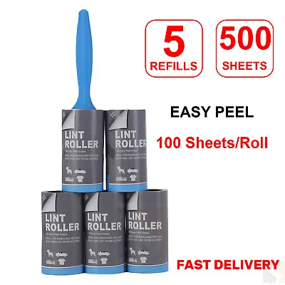 5 X 100 Sheets Per Roll Lint Roller Refills Rolls Pet Hair Fluff Dust Remover • £6.99