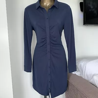 MICHELLE KEEGAN Shirt Dress Size 10 Blue Stretch Jersey Buttoned Long Sleeved V • £5.99