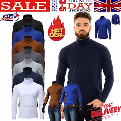 Men Roll Neck Jumper Lightweight Baselayer T-Shirt Tops Turtle High Polo Neck UK • £9.38