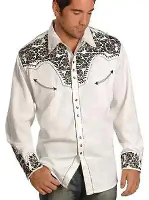 MED Scully Mens PEWTER GRAY Floral Embroidered Pearl Snap White Western Shirt • $94