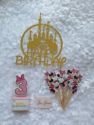 Number 3 Happy Birthday Candle + Minnie Mouse Picks + Disney Castle Cake Topper • $6.91