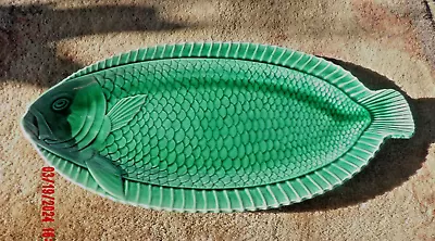 Vintage French Sarreguemines Pottery Majolica Glaze Green Fish 21  Platter • $49.94