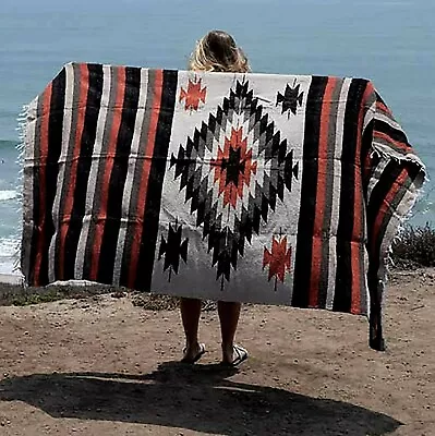 Mexican Blanket Vintage Style Tan Brown Diamond X Large Native Serape Saltillo  • $29.95