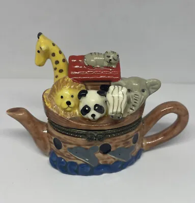 Vintage Ceramic Mini Noah’s Ark Teapot Shaped Trinket Hinged Box • $7.15