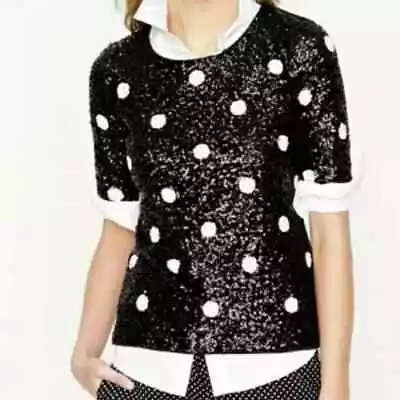 J Crew Sequin Top Scoop Neck Short Sleeve Black White Polka Dot T Shirt  02057 S • $29.74