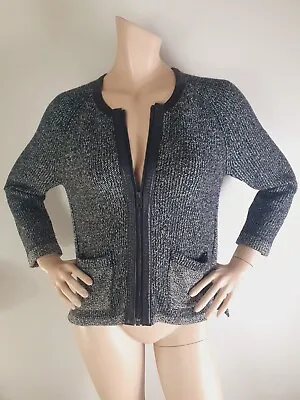 Rag & Bone Designer Grey Wool Flecked Zip Cardigan Leather Trim Medium • £29.50