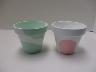 Two Painted Terra Cotta Flower Pots 1980's Style Pastels Squiggles • $18