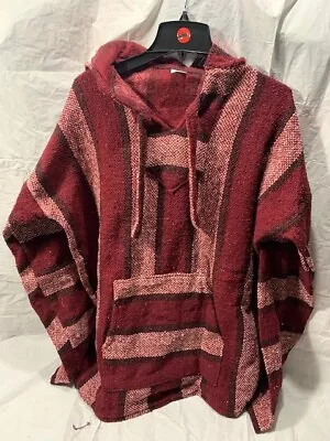 Artesanias Mexican Hoodie Poncho Mens XXL  Black Burgundy Striped Baja Real Nice • $24.74