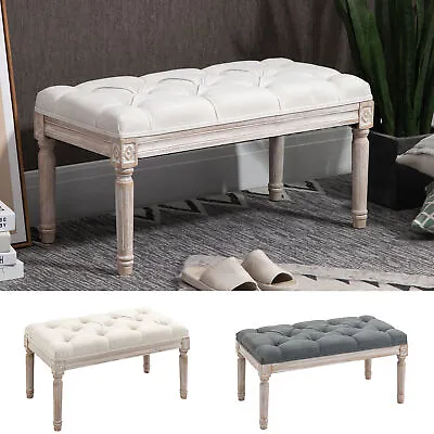 Accent Bench Tufted Upholstered Foot Stool Linen-Touch Ottoman For Bedroom • £61.99