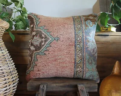 (50*50cm 20inch) Handwoven Kilim CARPET Cushion Cover Rusty Pink Aqua Tones • $69.95