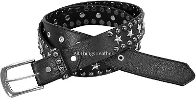 Black Star Studded Leather Belt Punk Rock Fashion Genuine Cow Leather 630 Belt • £23.19