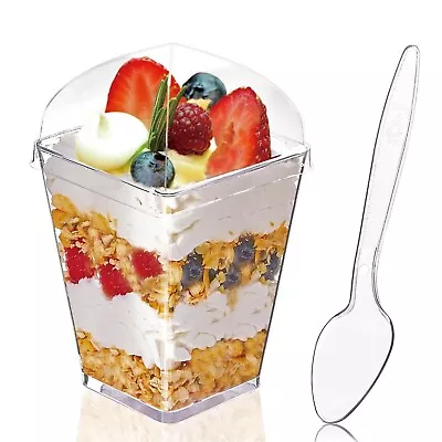 50 Pack 5oz Plastic Dessert Cups With Lids And Spoons For Fruit Pudding Parfait • $28.40