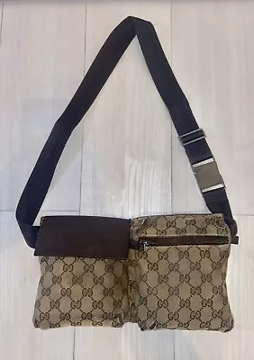 Authentic GUCCI Body Bag Waist Porch Canvas GG Pattern Leather Brown Unisex • $134