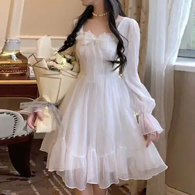 Fairy Lolita Dress Women Long Sleeve Lace Mini Dress Retro Kawaii Sweet White . • £18.99