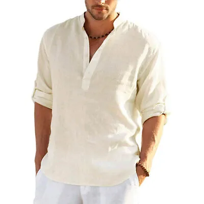 $16.91 • Buy Men's Turn Down Collar V Neck Plain T-Shirt Long Sleeve Casual Loose Tops Blouse