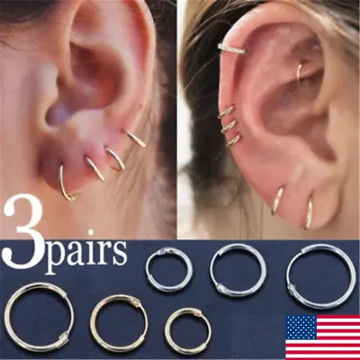 3Pair Women Men Small Hoop Earrings Stainless Steel Piercing Cartilage • $1.52