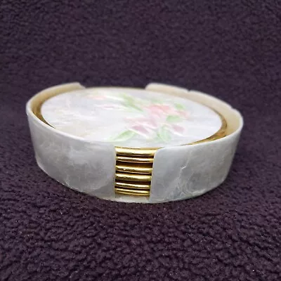 $10 • Buy Vintage Mother Of Pearl Capiz Shell 6 Coaster Set With Cork Backs Golden Rim