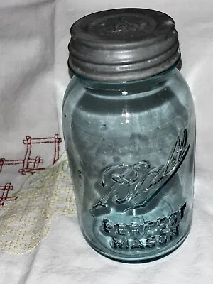 Vintage Aqua Ball Perfect Mason Canning Jar With Zinc Lid Milk Glass Insert • $28