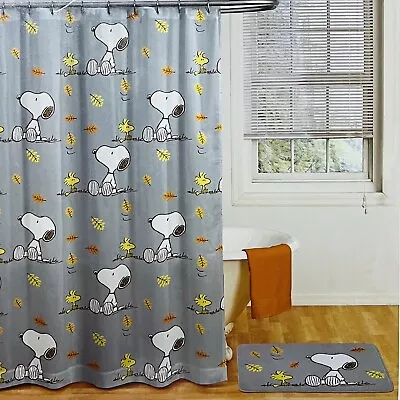 PEANUTS 14 Piece Bath Set Shower Curtain Bath Rug 12 Hooks Snoopy Autumn Fall • $50.99