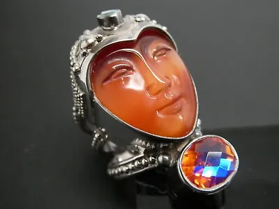 SAJEN Sterling 925 Mystic Quartz & Orange Cats Eye Goddess Face RING Size 7 • $110