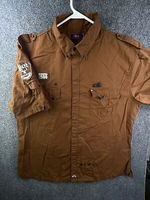Akoo 2XL Button Up Shirt Brown Short Sleeve Cotton Epaulettes Embroidered Urban • $22.99