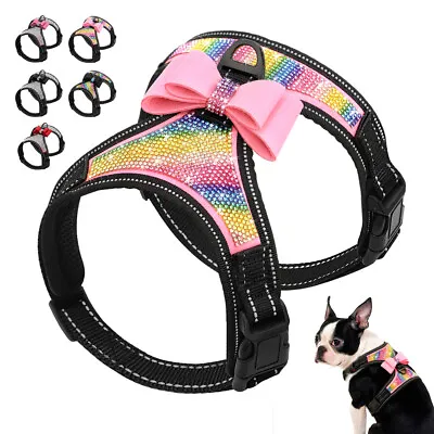 £10.19 • Buy Bling Crystal Adjustable Dog Harness With Bow Soft Rhinestone Pets Walking Vest 