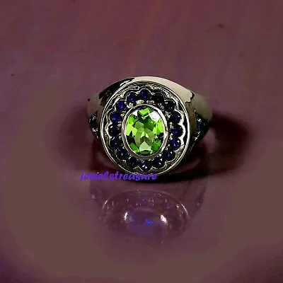 Natural Peridot & Blue Sapphire Gemstone 925 Sterling Silver Ring For Men's #401 • $115