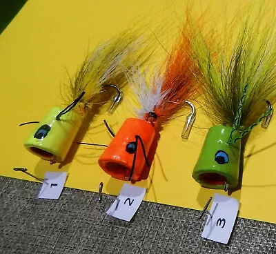 Hand Tied Cork Bass Poppers Orange Yellow Green Buck Tail Hair • $4.99