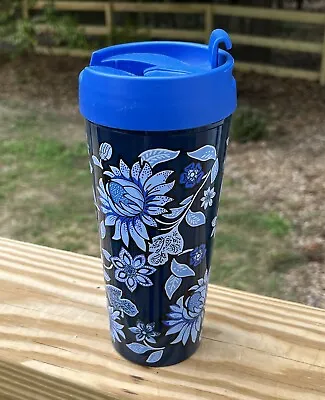 Vera Bradley Travel Dark Blue Mug Flip Lid 16 Oz Dark Blue Light Blue Floral • $19.98