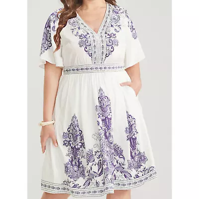 BLOOMCHIC Sz 10 M White Purple Bandana Print Knee Length Dress NWT B108 • $12.60