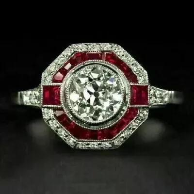 Vintage 2.Ct Round Created Diamond Ruby Engagement Ring 14K White Gold Plated • $105.99