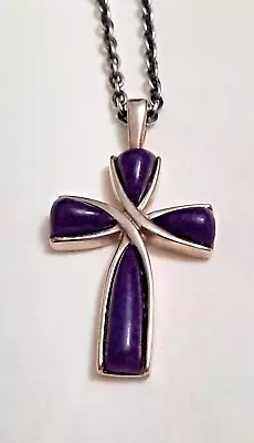 Vintage Sterling Silver Purple Stone Cross Pendant Necklace • $19.99