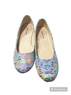 Modcloth Tuk Women'a Global Print Flats Shoes Size 10 Blue World Map • $19.95
