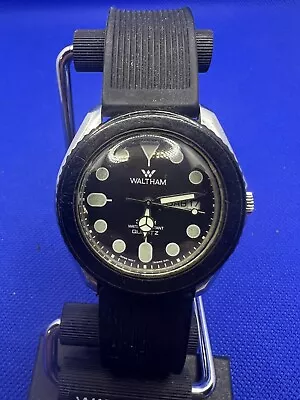 Vintage Waltham Divers Mens Watch Day Date Black Dial Green Indexes New Battery  • $44