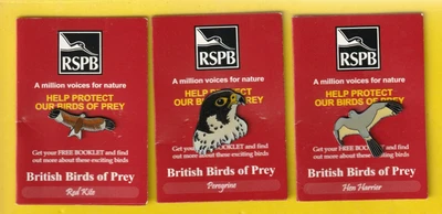 £12 • Buy RSPB Pin Badge Set - Hen Harrier, Peregrine, Red Kite On Red Trifold Cards  2008