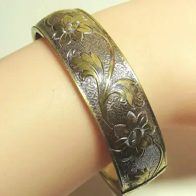 Old Vintage Brass Cuff Bangle Bracelet Engraved Flowers Scrollwork Fits 8  Wrist • $16.90