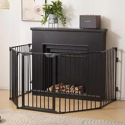 5 Panel Fireplace Fence Dog Pet Baby Gate Playard Cage Fence + Swing Door • $95.89