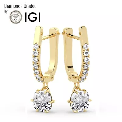 IGI2.00 CT Solitaire Lab-Grown Cushion Diamond Hoops Earring  18K Yellow Gold • £1426