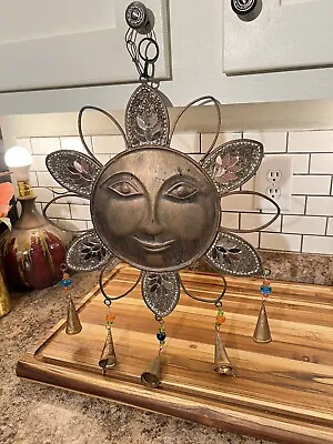 Vintage Large Metal Brass Golden Sun Handmade Mosaic Mirror  W Bells • $80