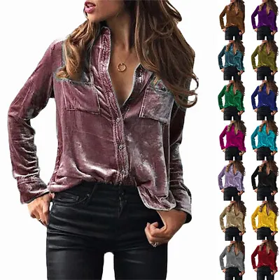 Ladies Button Up Top Blouse Velvet Long Sleeve T-shirt Autumn Casual Shirts Size • £13.99