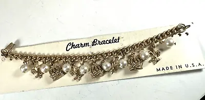 Vintage Charm Bracelet Goldtone Fleur De Lis Crown Royal Dangle On Card Made Usa • $28