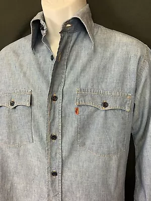 VTG 70s Levi's Orange Tab Chambray Shirt Black Button Western Mens Sz M Cotton • $69.99