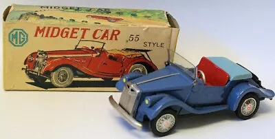 Vintage Tin Litho Friction Blue 1955 Style MG Midget Roadster Car SSS Japan • $250