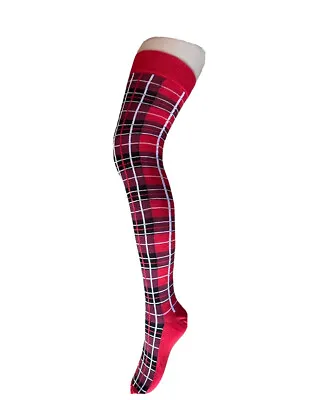 Womens Girls Long Over The Knee Red Tartan Check Socks • £5