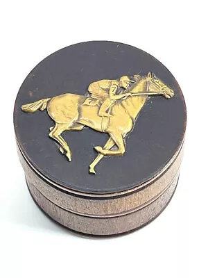 Wood Cuff Link Box Vintage Racehorse Equestrian Brass Relief USA • $29.99