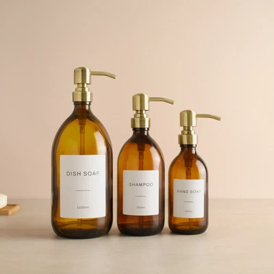 £14.99 • Buy Amber Glass Labelled Refillable Bottle With Metal Gold/Brass Pump Dispenser