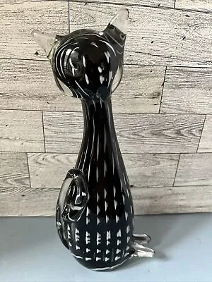 MURANO Style Glass Cat Figurine Black White 10.5 In Art Glass • $22.50