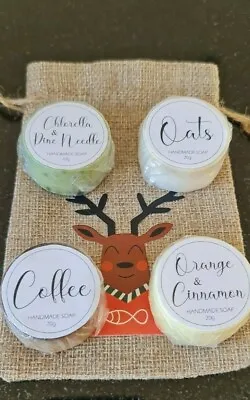 Natural Soap Gift Set Of 4 Handmade Shea Butter Soaps In Jute Christmas Bag • £7.99
