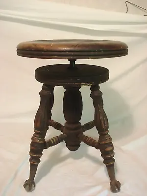 $95 • Buy Antique Adjustable Wood Piano Stool With Glass Claw Feet