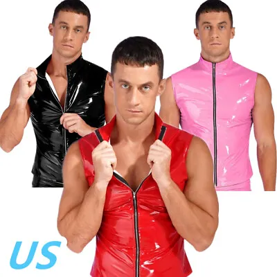 US Mens Patent Leather Zipper Vest Tank Top Sleeveless Stand Collar Jacket Tops • $13.99